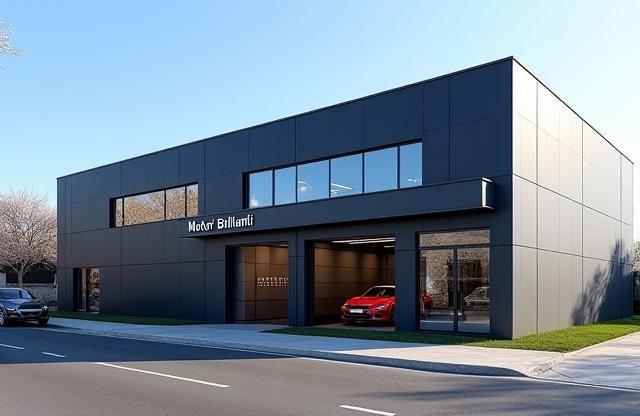 Exterior photo of the modern and professional Motori Brillanti workshop building in Milan, Italy.
