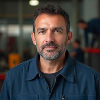 Headshot of Marco Rossi, a focused automotive technician in a workshop setting.